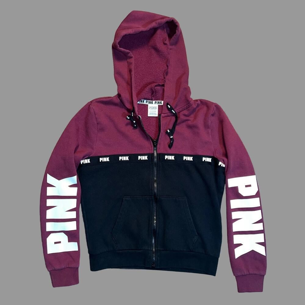PINK Victorias Secret Full Zip Hoodie Size Small Maroon Black Colorblock